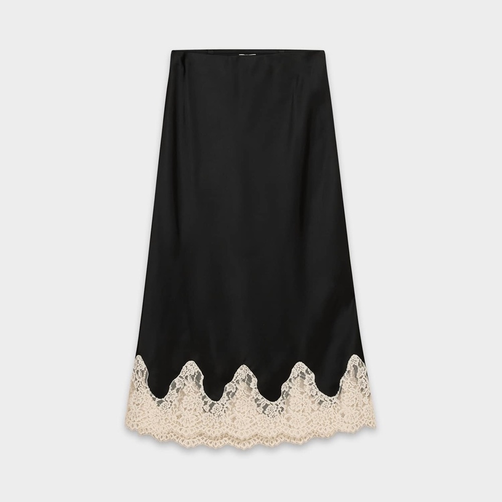 NEW Aritzia Black Midi Skirt with Cream Lace Hem